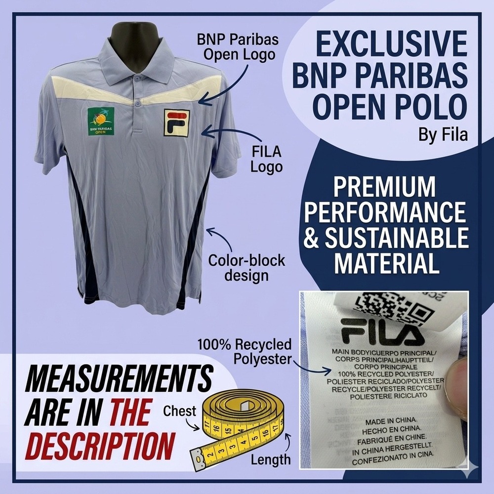 FILA Men's BNP Paribas Open Tennis Polo Shirt Size Small Indian Wells Light Blue